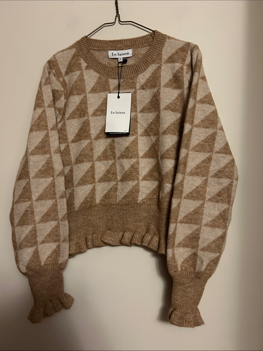 En Saison Cream & Tan Geometric Crewneck Sweater